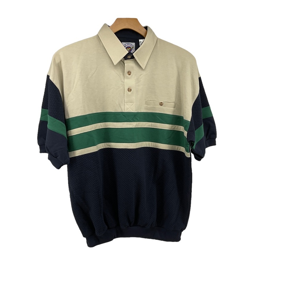 VTG LD Sport Mens XL Polo Shirt Blue With Green‎ Stripe Pocket